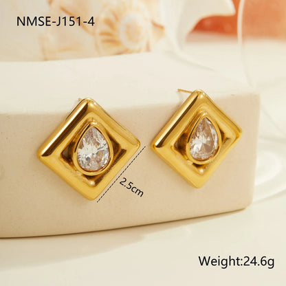 Gold geometric stud earrings for women with inlaid water drop zircon stones on a white background.