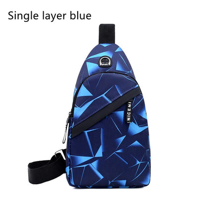 Men's sling chest bag in blue with earphone hole, crossbody strap, and zipper pockets, measuring 17cm wide.