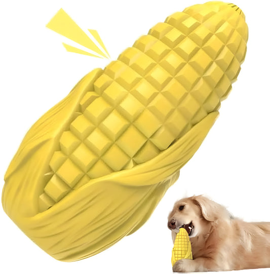 Yellow corn stick shaped dog chew toy with textured grooves, suitable for medium and large breed dogs