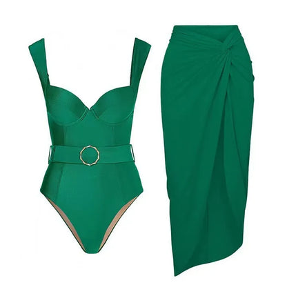 Women's polyester swimsuit with gauze skirt in double shoulder and oblique shoulder styles