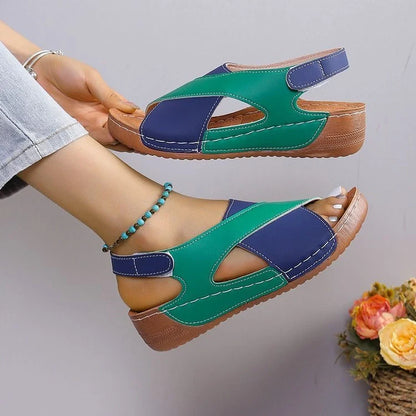 Women's summer wedges sandals with colorblock cross-strap design and thick rubber sole