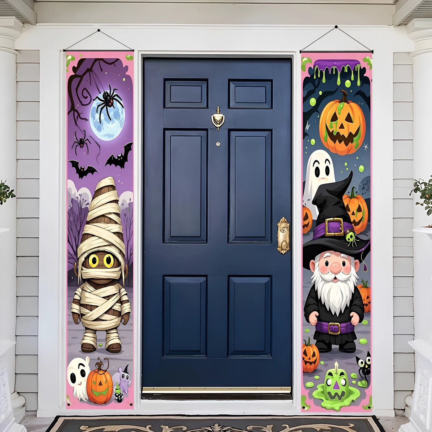 Pair of Halloween couplet hanging flag decorations measuring 30x180cm made from polyester fabric