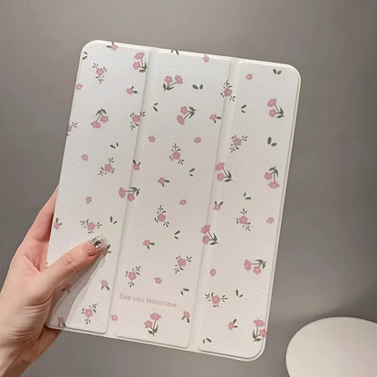 Transparent tri-fold iPad case with floral design, showing magnetic front cover and rear kickstand deployed.