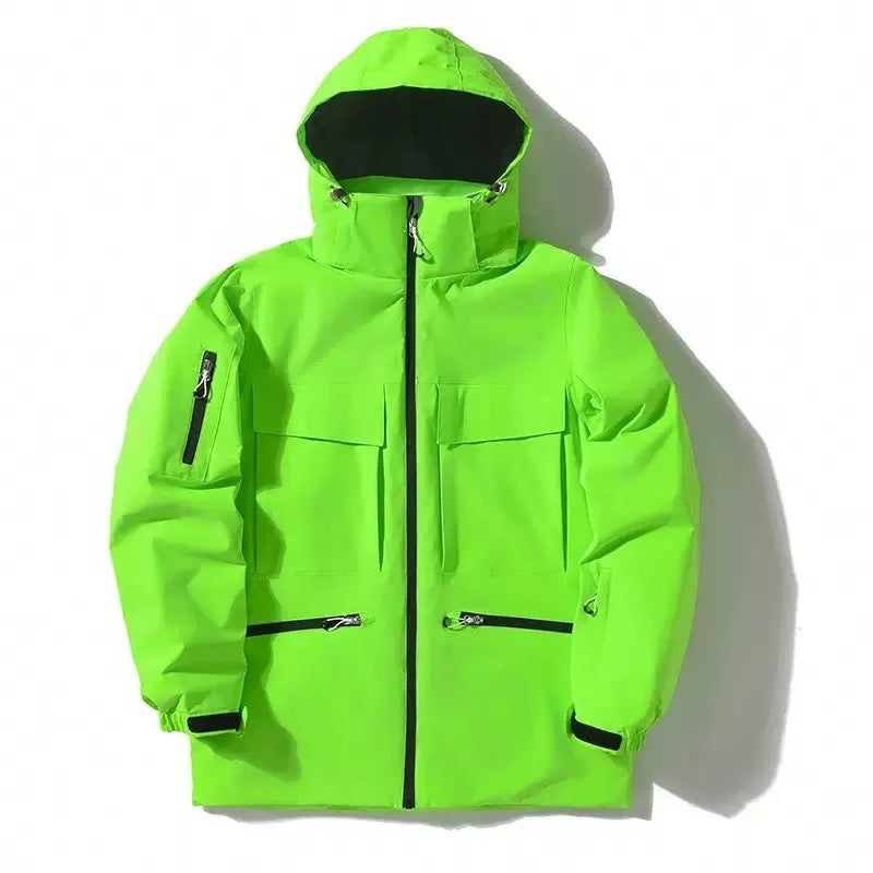 Men's hooded thermal ski jacket in rose red, light blue, fluorescent green, black or pure white, sizes S to XXL