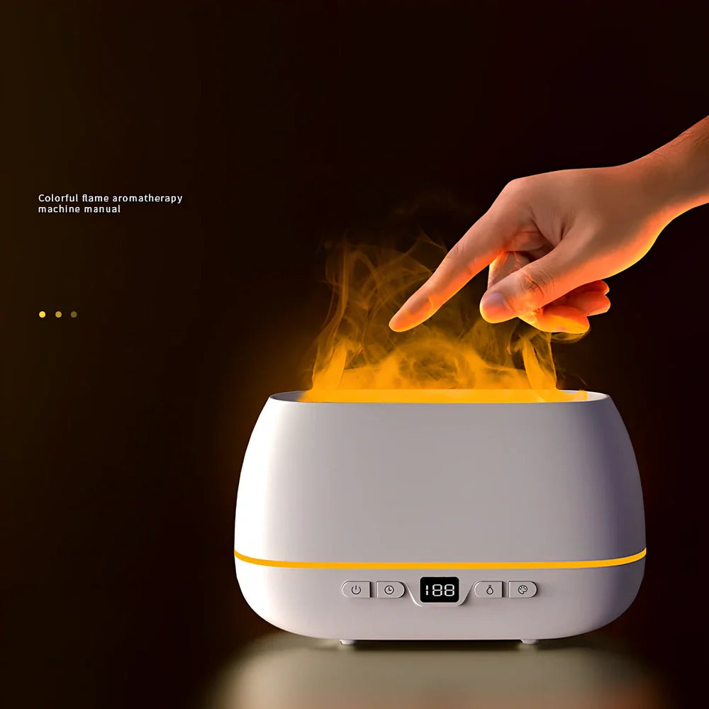White 3D flame humidifier with 200ml tank, measuring 226mm by 127mm by 87mm, showing colourful flame effect lighting