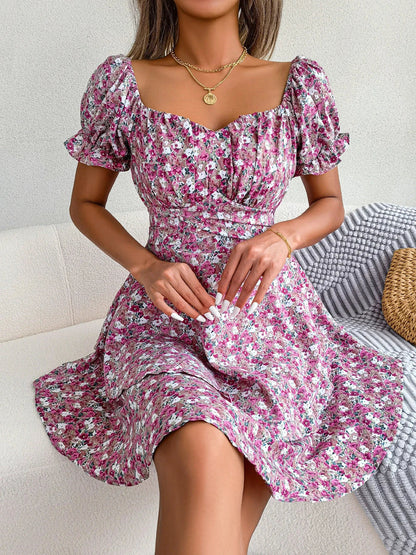 Elegant floral mini dress with A-line silhouette and short sleeves in a variety of vibrant colors