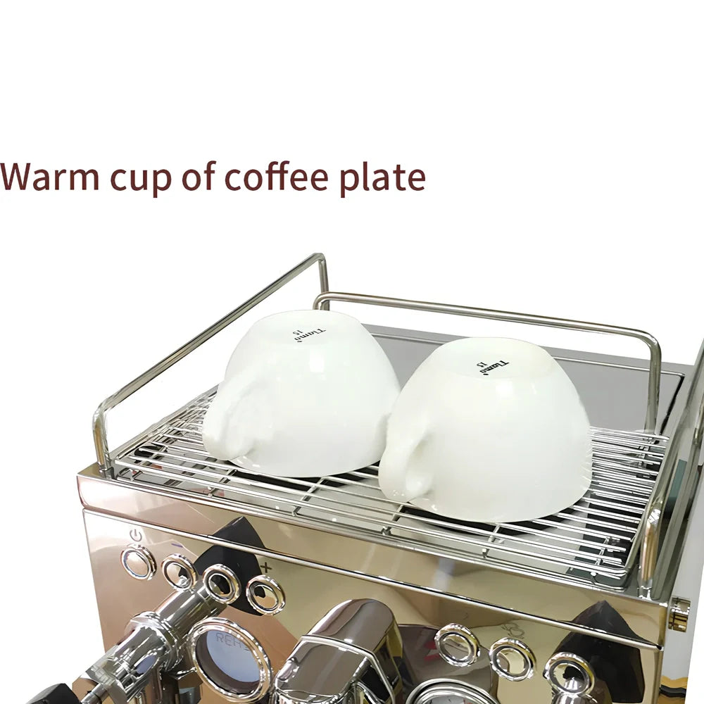 Full semi-automatic espresso machine in silver, 280mm wide with steam wand and UK plug for home brewing