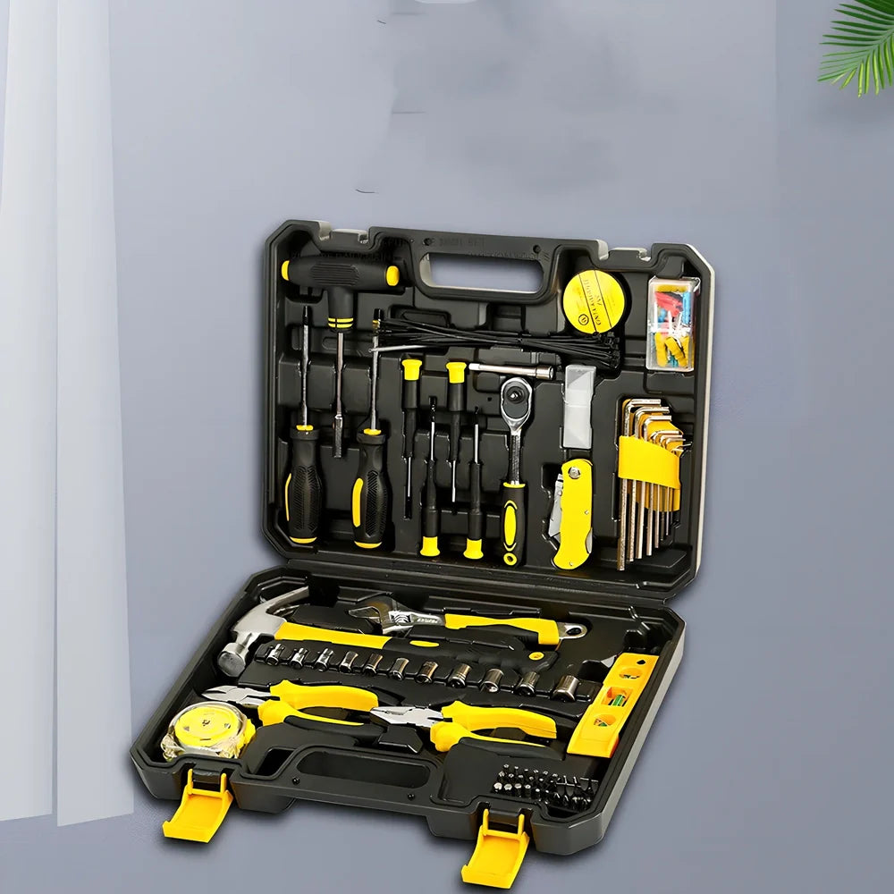 108-piece carbon steel tool set with sockets, wrenches, bits, tape measure, and hammer in toolbox