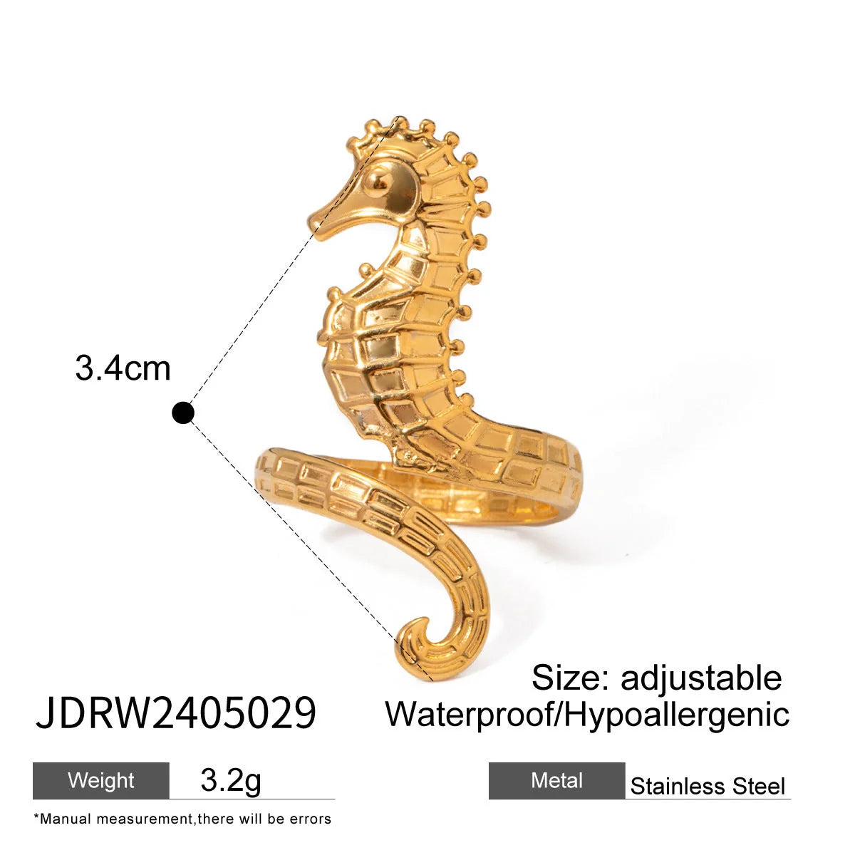 Shimmering 18K gold stainless steel cocktail ring with intricate seahorse design