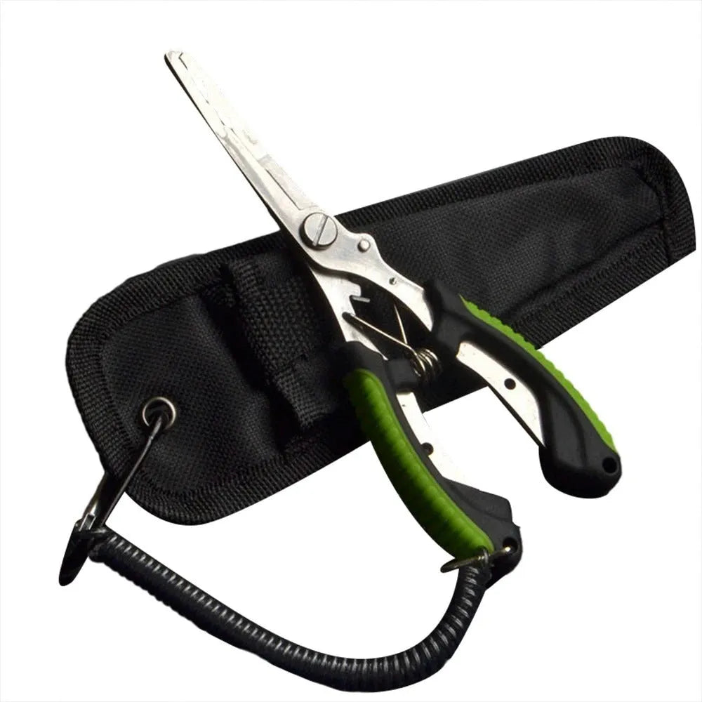 PE39 multifunctional fishing pliers with medium straight mouth and hook, showing colour handle options