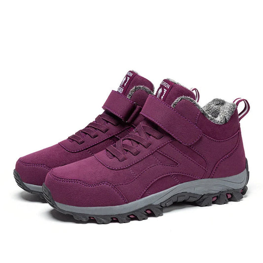 Women's high-top walking shoes with fleece lining and synthetic leather upper in maroon colour