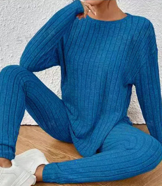 Sunken stripe two-piece homewear set in black or blue with regular sleeves, sizes 1XL to 5XL, made from polyester