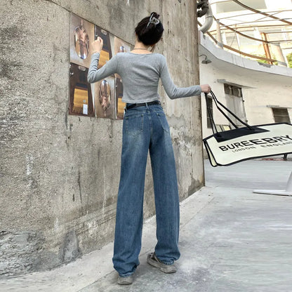 Women's high-waist retro straight jeans in retro blue colour, showing front and back views with 100% cotton denim detail