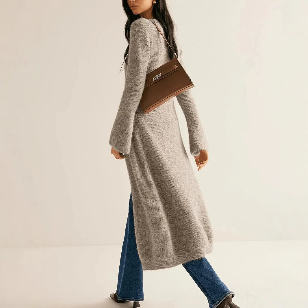 Khaki women's long sleeve cardigan coat with button front in a French retro style