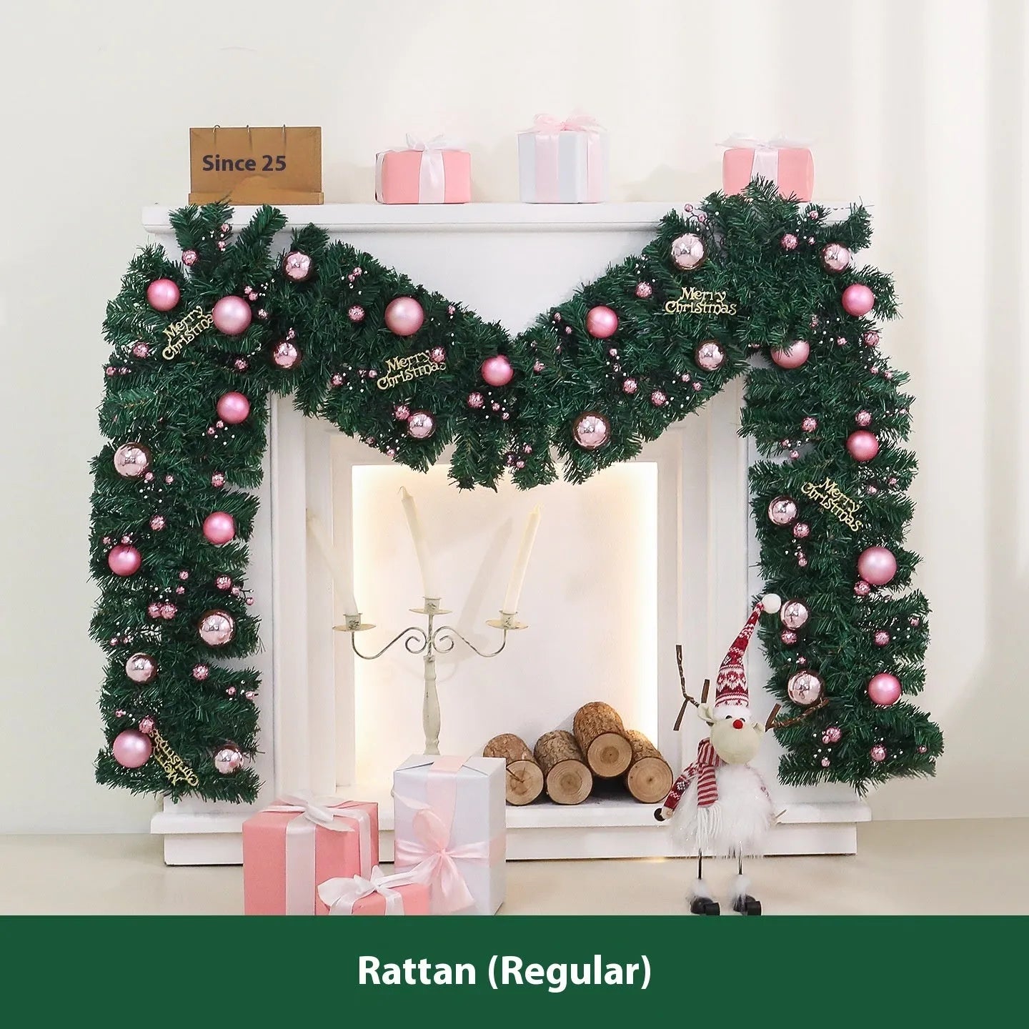 2.7 metre pink artificial rattan Christmas garland with 240 PVC foliage heads and optional coloured lighting
