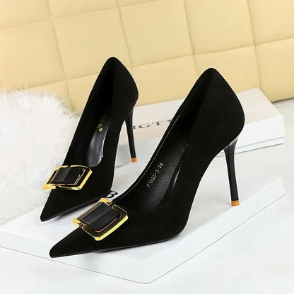 Black suede stiletto heels with 9CM heel height, rubber sole, and pointed toe design