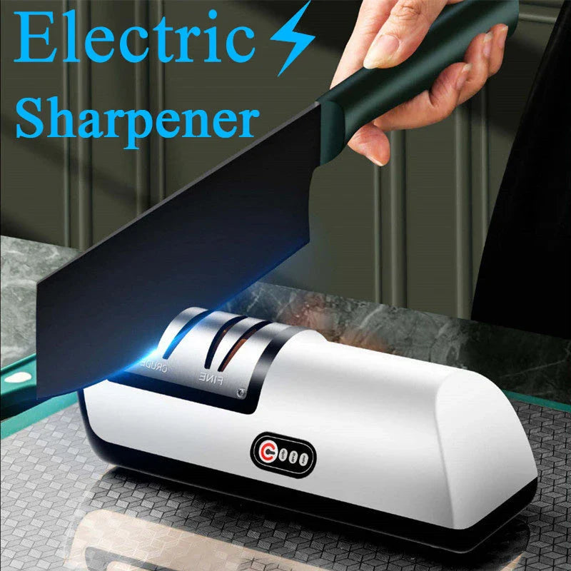 Electric knife sharpener with USB recharging, adjustable settings, and modern design for precise, easy blade honing