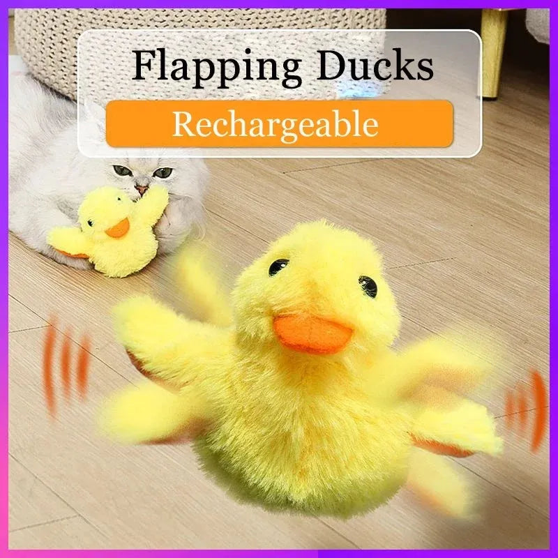 Yellow electric flapping duck cat toy with vibration sensor and removable plush cover