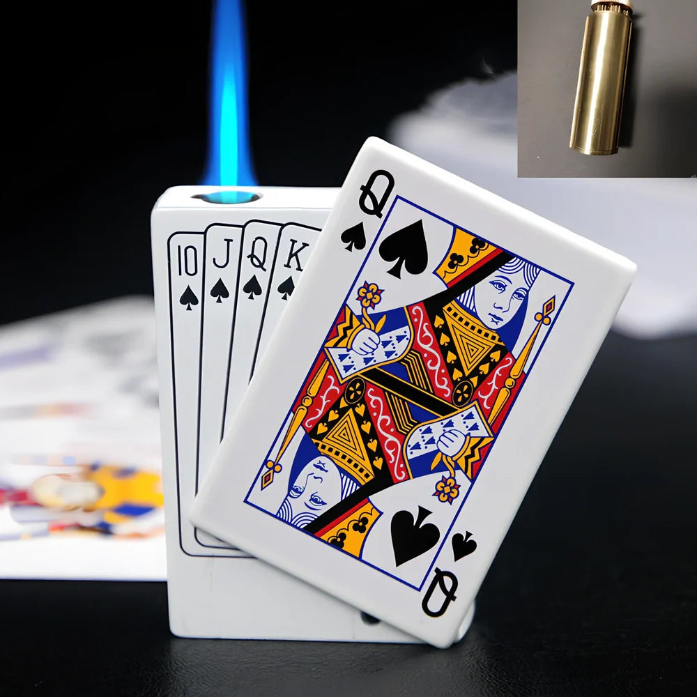 Metal poker gas lighter keychain with direct punch king design, 6cm length, attached ring for keys