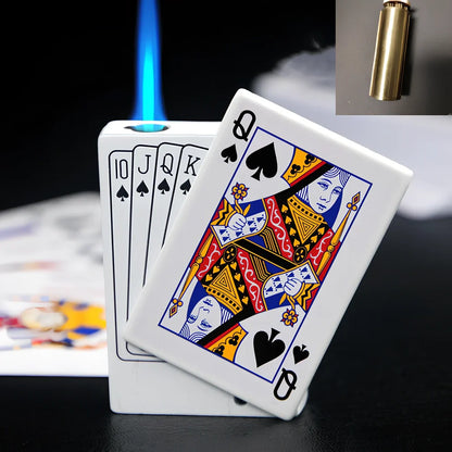 Metal poker gas lighter keychain with direct punch king design, 6cm length, attached ring for keys