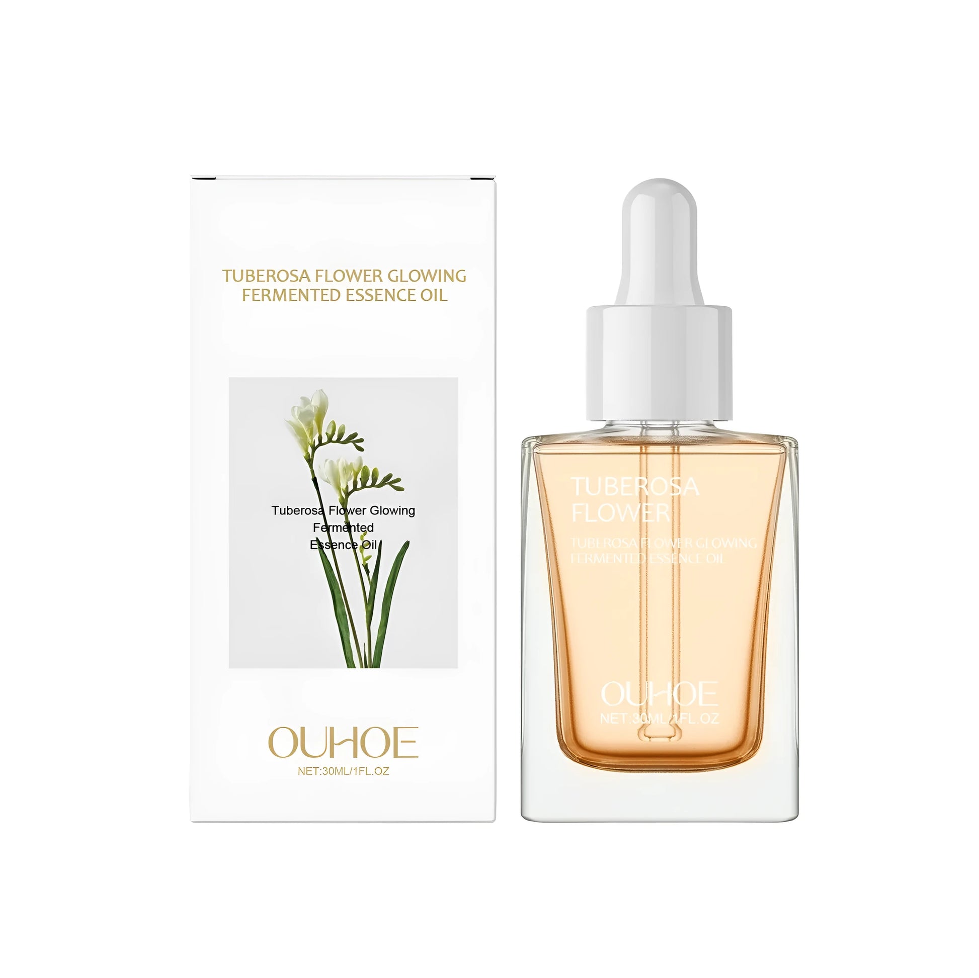 30ml bottle of brightening and firming oil with dropper containing glycerin and vitamin E