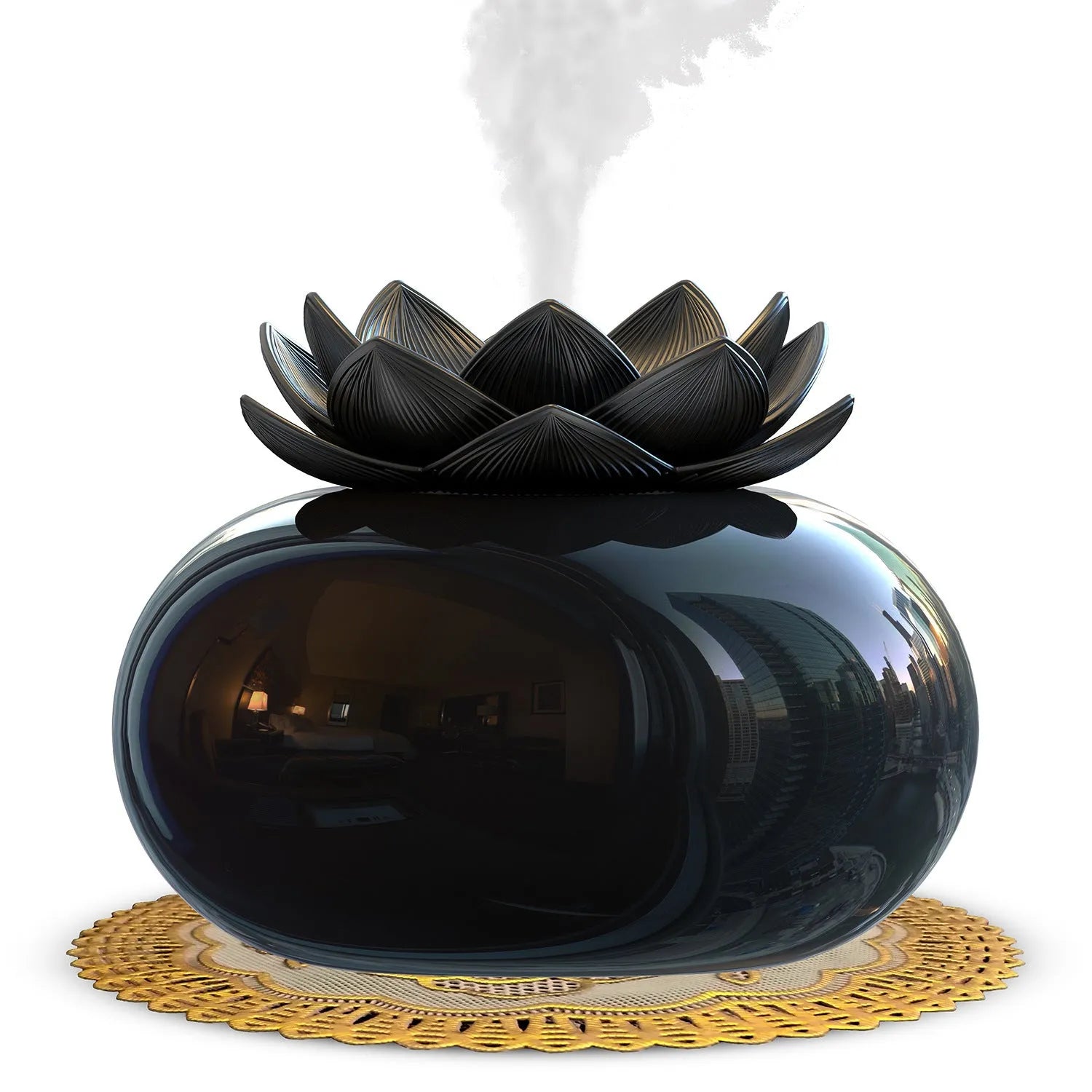 Round black Lotus ultrasonic humidifier with USB port and single mist outlet, ceramic construction