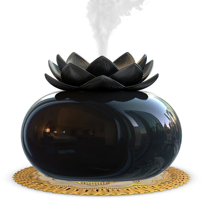 Round black Lotus ultrasonic humidifier with USB port and single mist outlet, ceramic construction