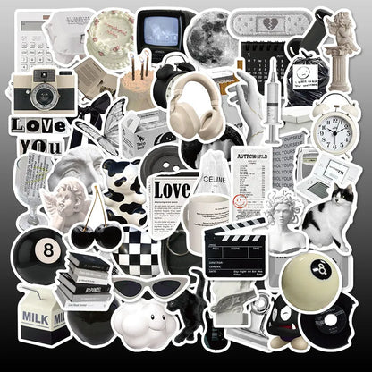 Black and white PVC sticker collection with 61 pieces for laptop and device customisation and protection