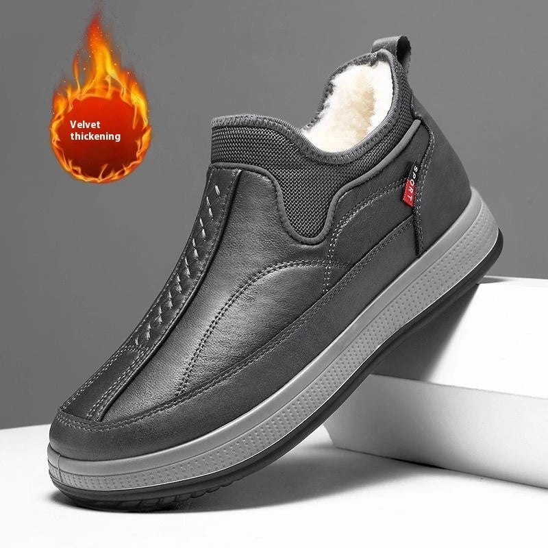 Cozy winter snow boots with fleece lining, round toe, and non-slip platform sole in black and grey colors