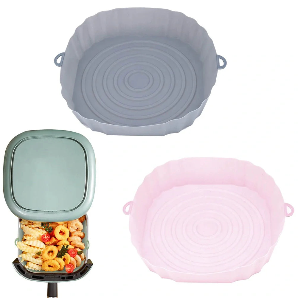 Silicone air fryer basket liner in light grey colour showing 4.5cm depth and flexible design for round air fryers