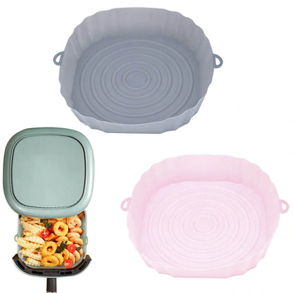 Silicone air fryer basket liner in light grey colour showing 4.5cm depth and flexible design for round air fryers