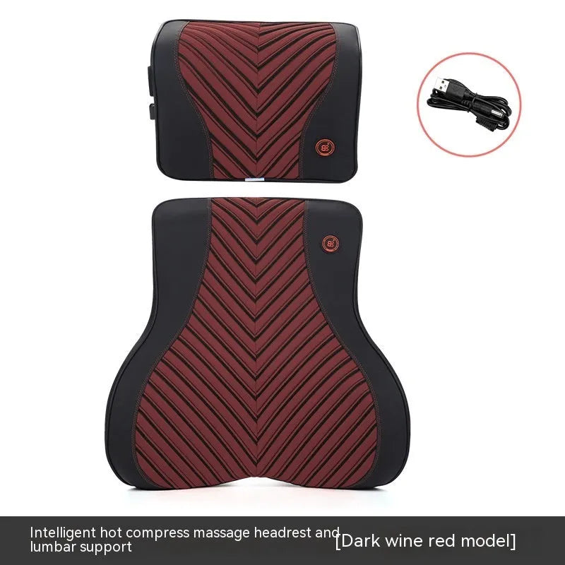 Black and orange electric massage heating car headrest and lumbar support cushion on a vehicle seat.