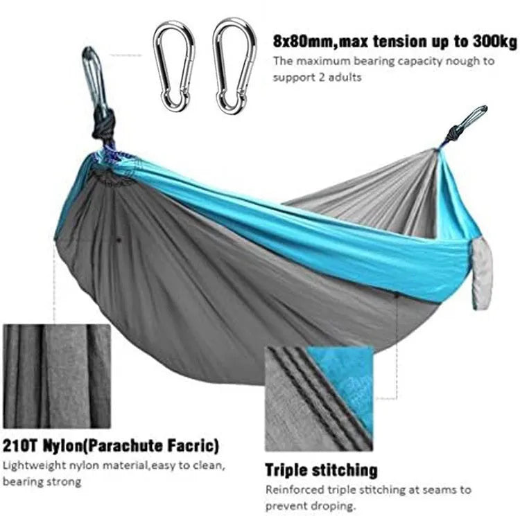 Outdoor camping hammock in sapphire blue colour showing 270cm length and 140cm width dimensions