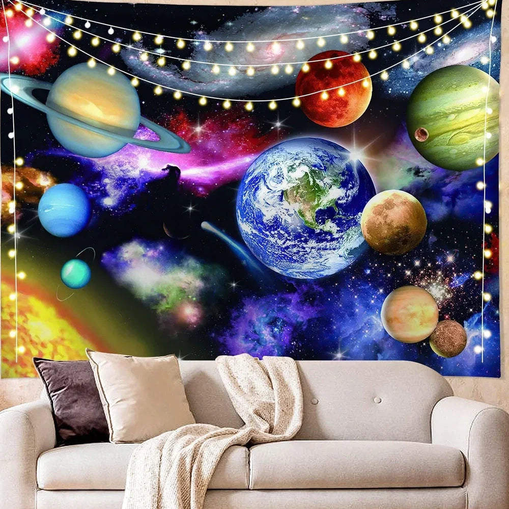 Digital printing colourful starry art wall tapestry with detailed star patterns on polyester fibre material