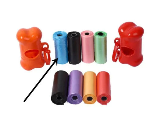Multi-colour dog waste cleanup bags showing black, blue, green, pink, and red variants in 22.5x30cm size