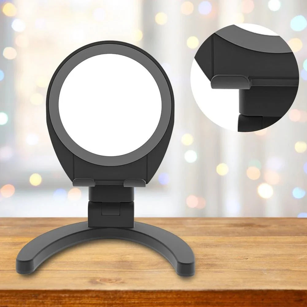 Adjustable mobile phone stand with integrated makeup mirror, featuring a sleek and versatile design for hands-free use and on-the-go touch-ups.