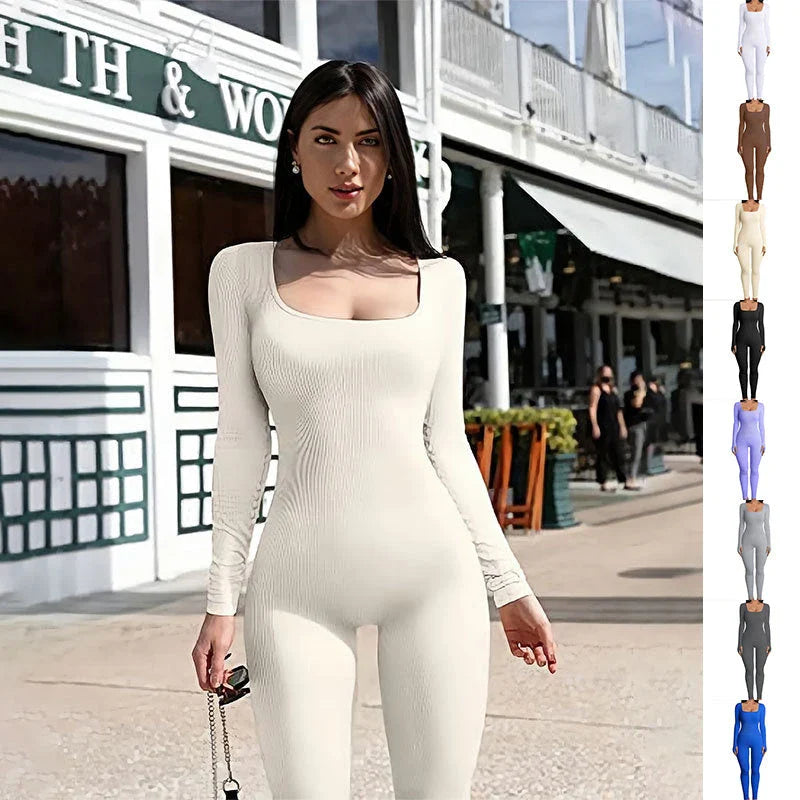 Stylish women's yoga jumpsuit with square neckline and long sleeves, available in a variety of colors