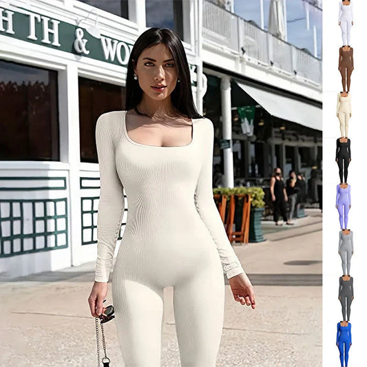 Stylish women's yoga jumpsuit with square neckline and long sleeves, available in a variety of colors