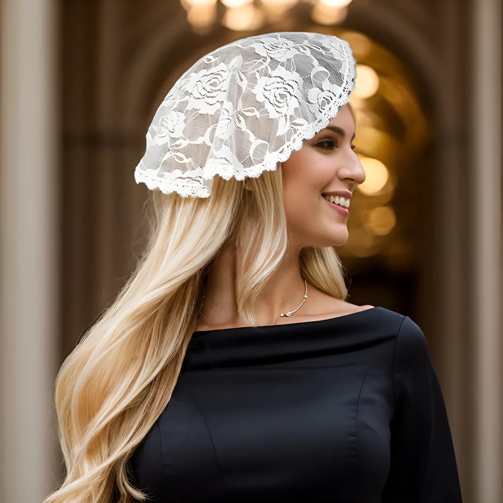 Round lace bridal head covering with floral embroidery measuring 30cm in black and white colours