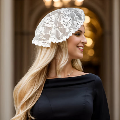 Round lace bridal head covering with floral embroidery measuring 30cm in black and white colours