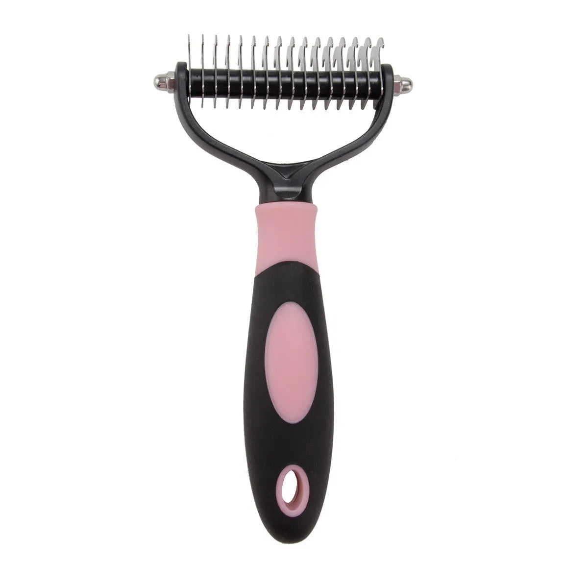 Dog grooming comb with plastic body and stainless steel teeth for knot opening and hair removal
