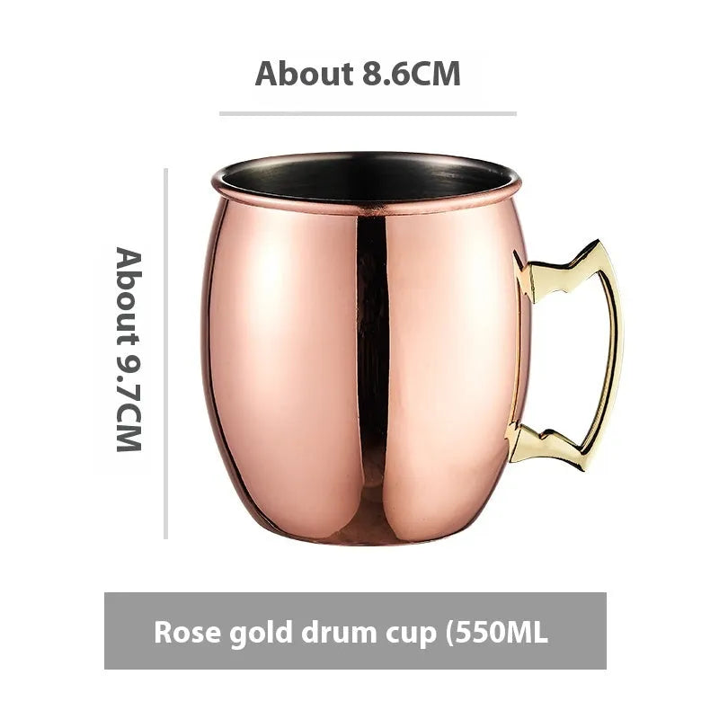 Stainless steel Moscow Mule cup with copper interior in gold, rose gold, silver, or black finish.