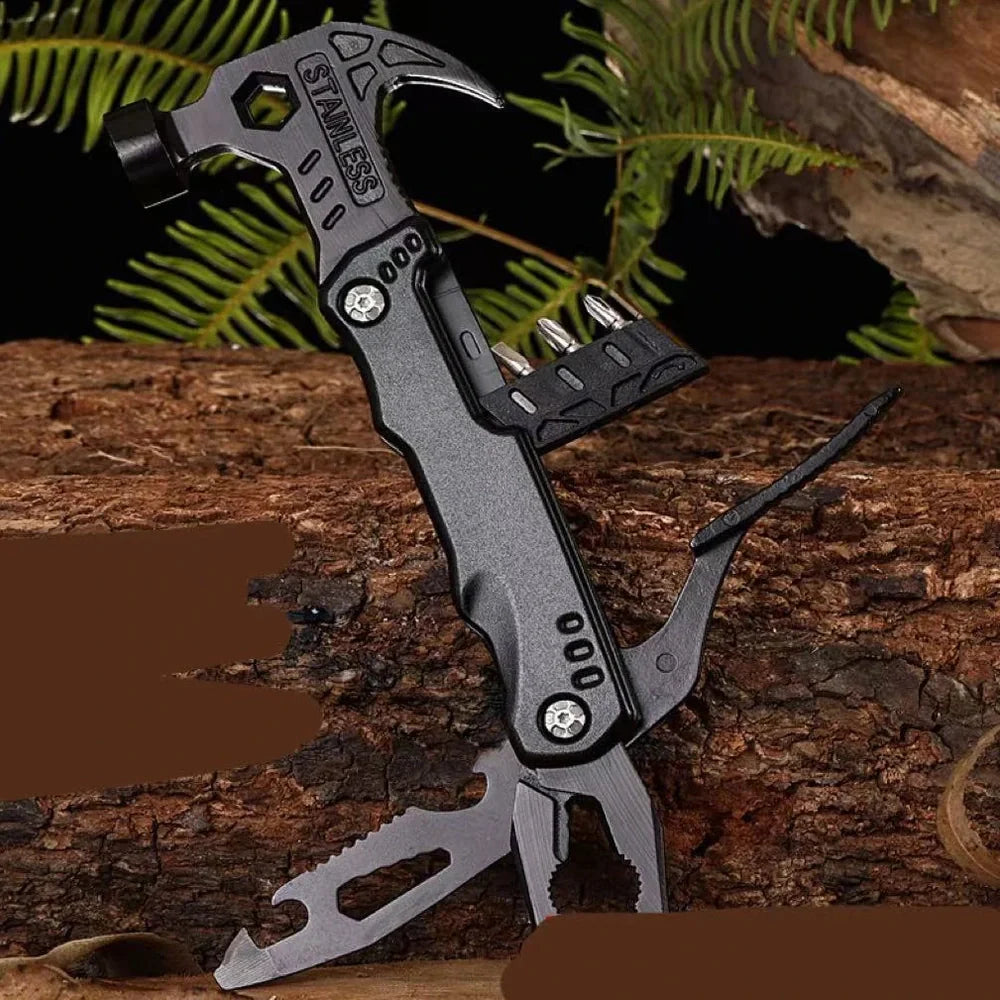 Black stainless steel folding hammer showing 168mm length with aluminium alloy handle in unfolded position