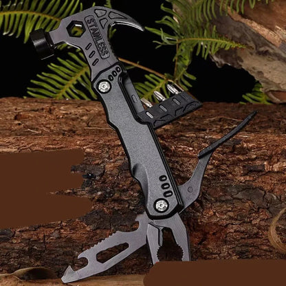 Black stainless steel folding hammer showing 168mm length with aluminium alloy handle in unfolded position