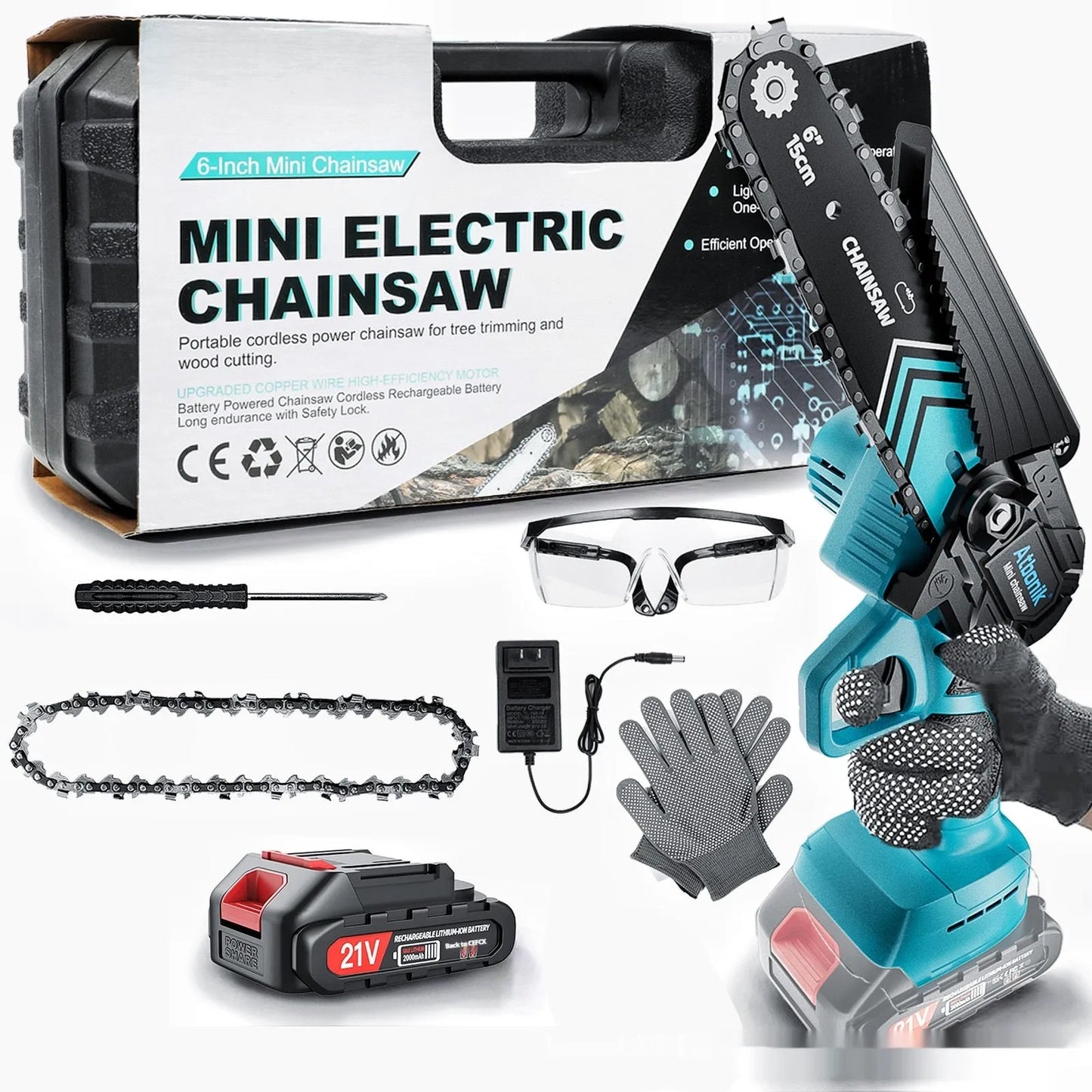 Compact cordless electric chainsaw with 6-inch chain, two batteries, safety goggles, gloves, and accessories in storage box