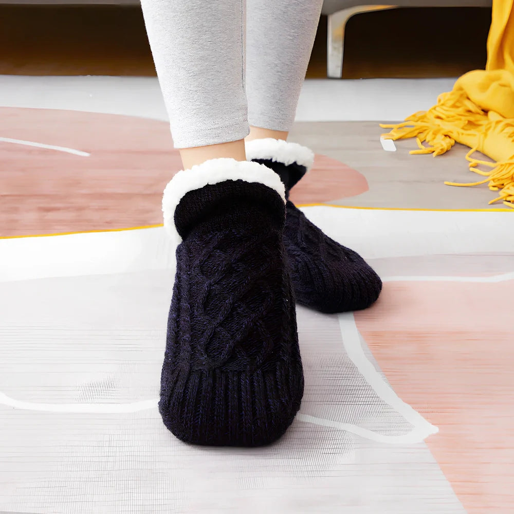 Winter woolen socks with V-opening design and anti-slip dots on soles in navy blue colour