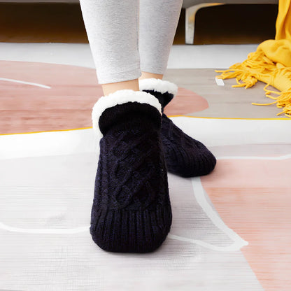 Winter woolen socks with V-opening design and anti-slip dots on soles in navy blue colour