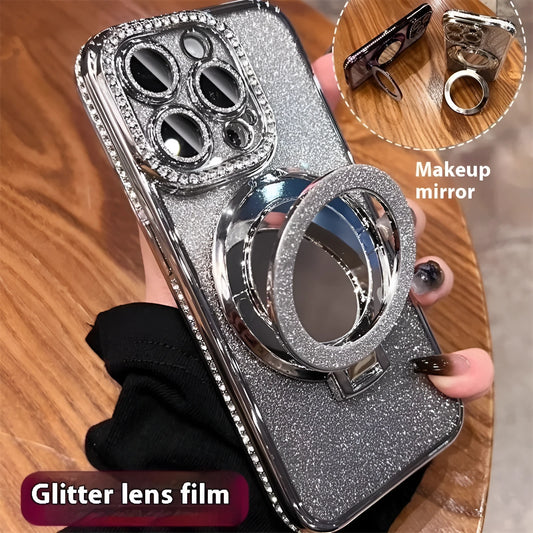 Glittering gradient iPhone case with an attached bracket for holding a makeup mirror.