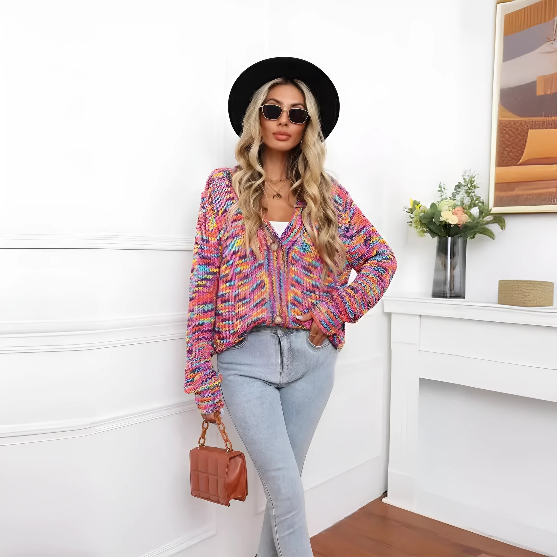 Rose red rainbow mixed colour festival dyed short cardigan knitted coat with loose fit and regular sleeves