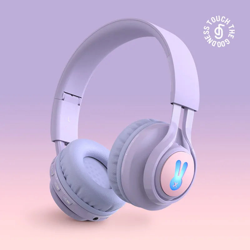 Wireless children's headphones with RGB lighting in bunny purple colour